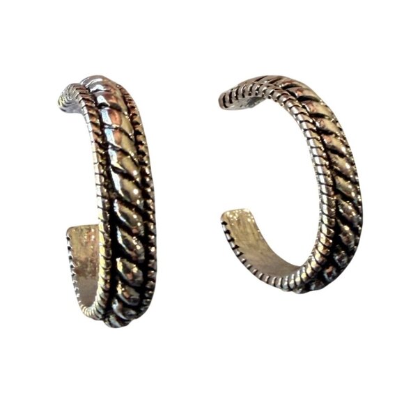 Y2K Silver Tone Textured Rope Edge Hoop Earring 1" Nickel Free Hypoallergenic - Picture 7 of 9